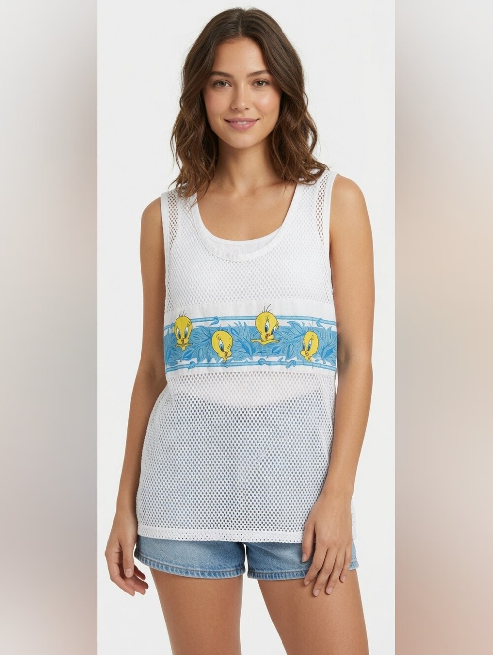 Vintage 90s Mesh Tweety Bird Cover-up XL Made in the USA Grunge Beach Nostalgia